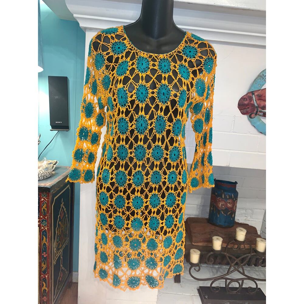 RARE VINTAGE CROCHET TURQUOISE GOLD MARIGOLD FESTIVAL DRESS